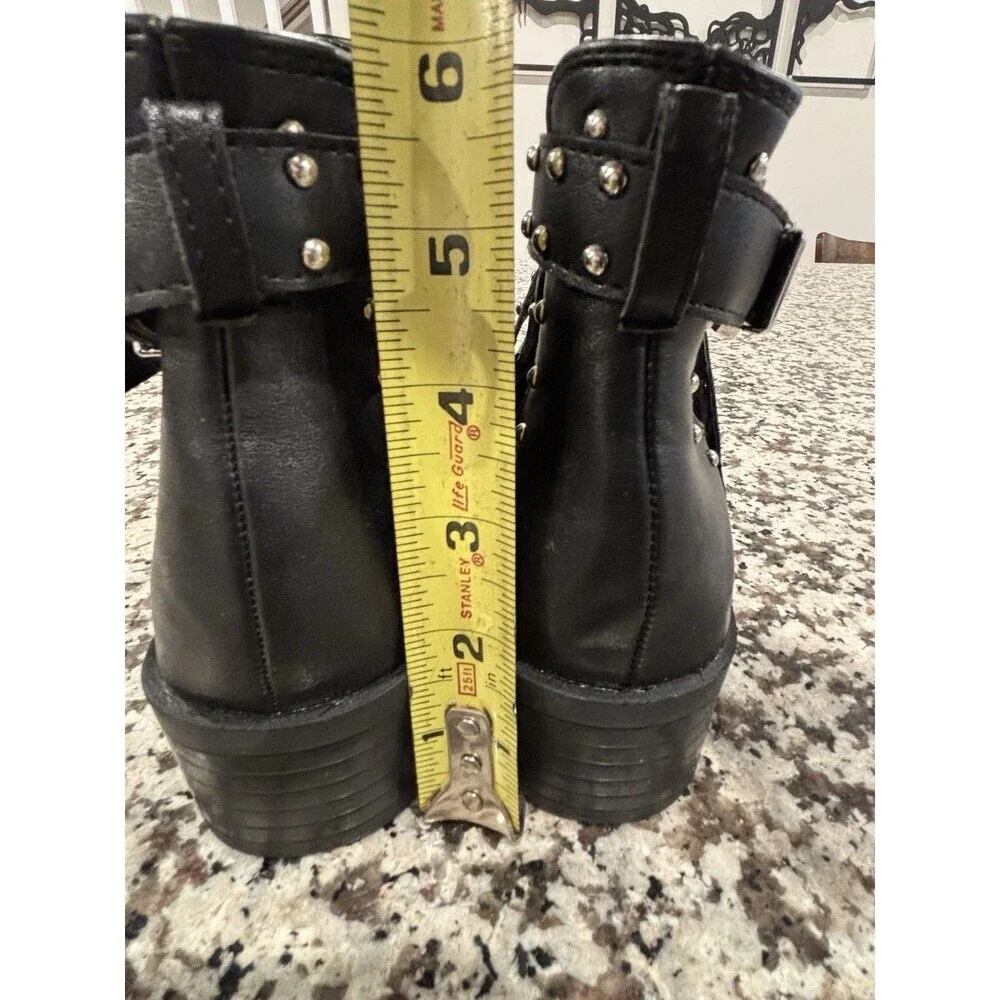 Black Leather Booties Studded, Pointed Toe, Cut Out, Buckle,  Ankle Boots Sz 40